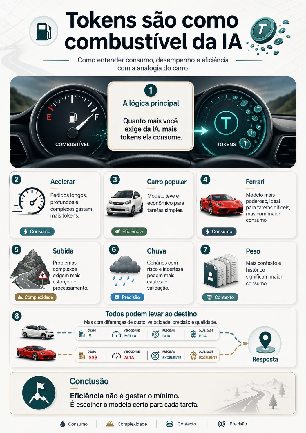 Infográfico comparando combustível e tokens, com exemplos de consumo, complexidade, contexto e eficiência em tarefas de inteligência artificial