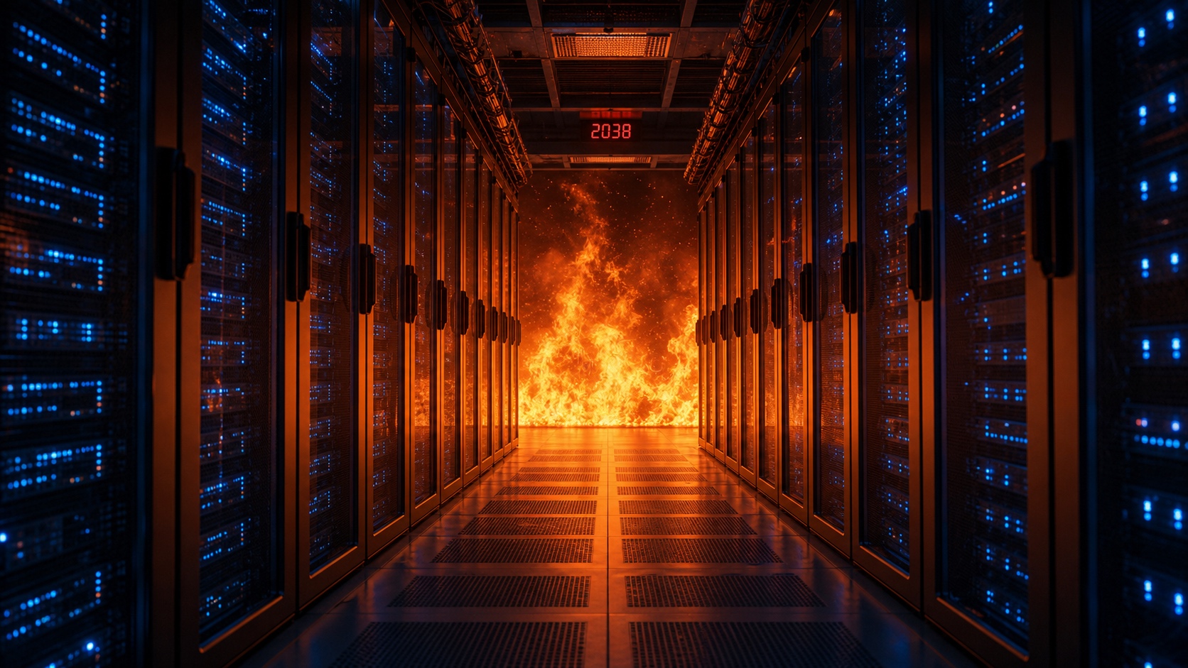 Corredor de datacenter com servidores iluminados em azul, fogo ao fundo e o ano 2038 em um painel digital