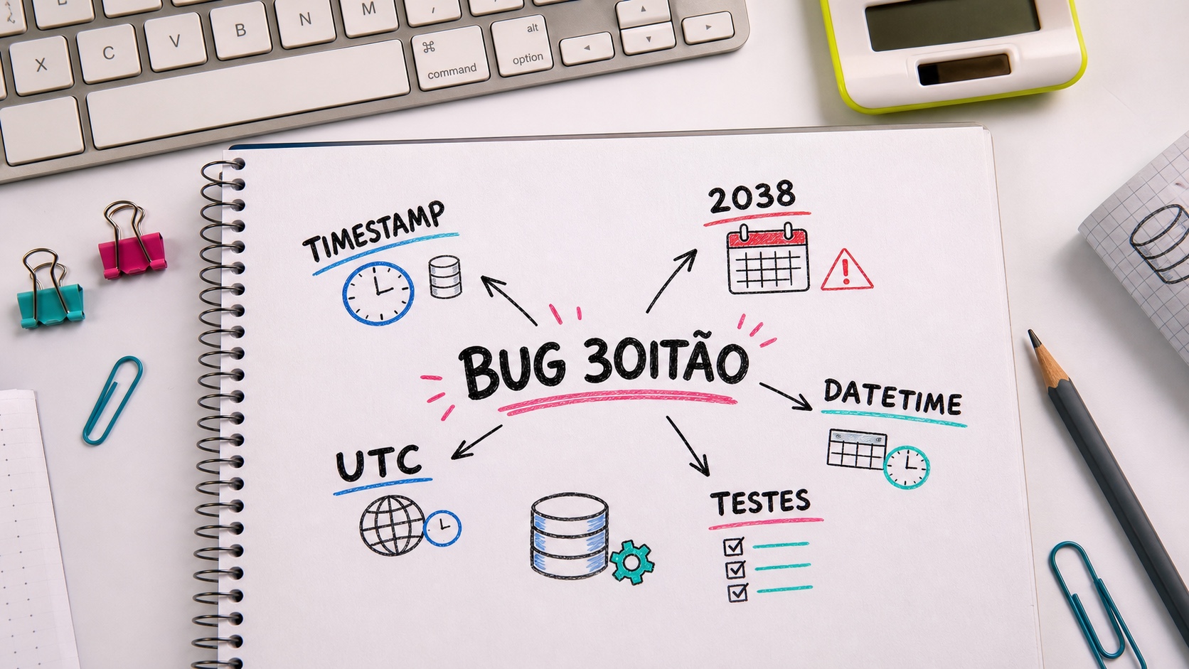 Fotografia editorial de um caderno com o mapa técnico do Bug 3Oitão, TIMESTAMP, DATETIME, UTC, testes e 2038